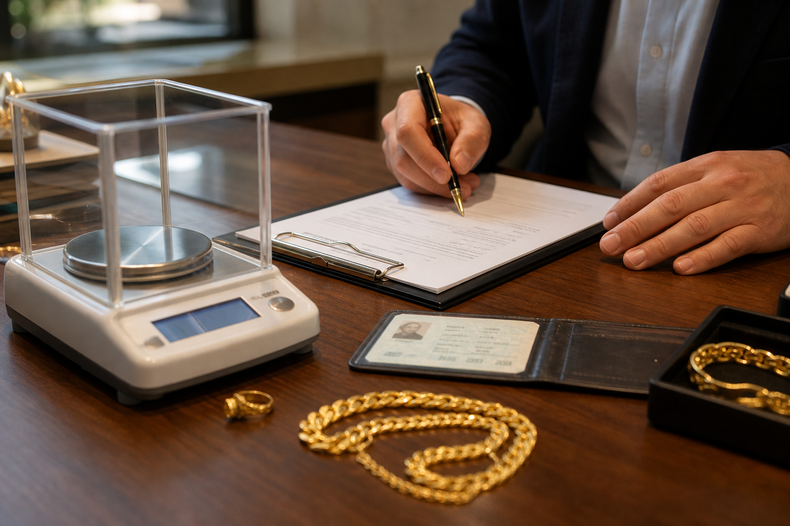Documento, bilancia e gioielli per la valutazione